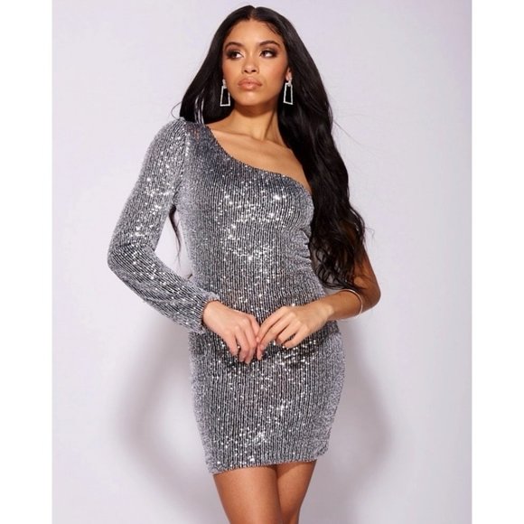 Silver Sequins Long Sleeve One Shoulder Bodycon Mini Dress - Picture 7 of 12